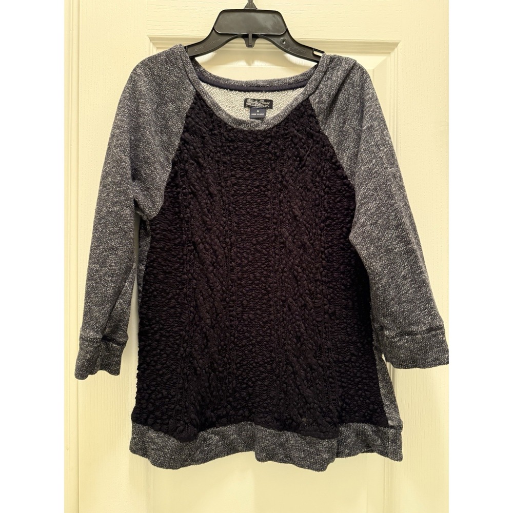 Lucky Brand Sweater Gray Knit and Black Crochet Front Medium Scoop Neck‎ Raglan